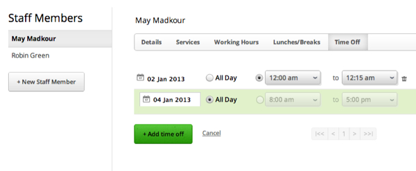 Add time off for the staff unavailable hours