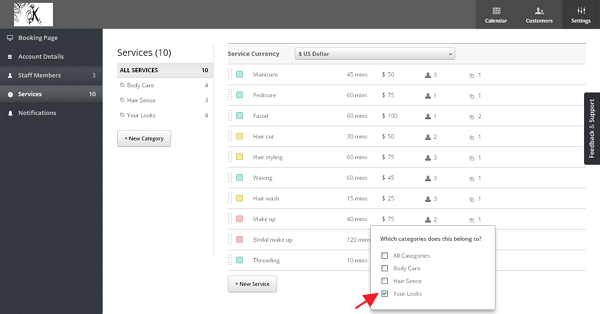 Choose the service manually to insert into the category