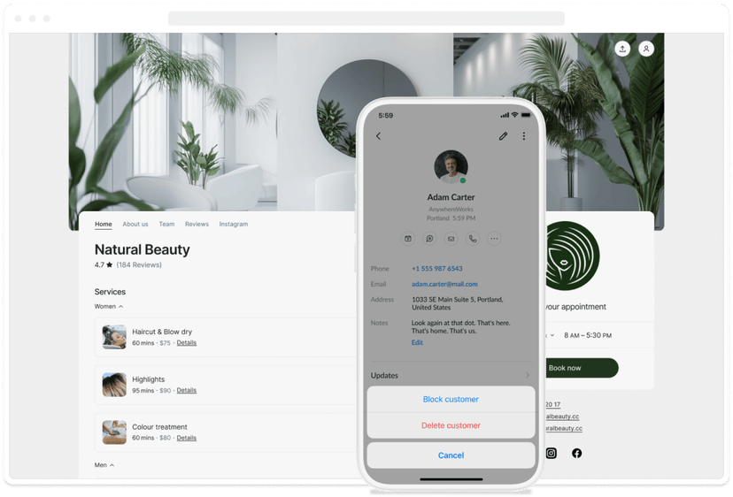 booking page preview with block customer modal