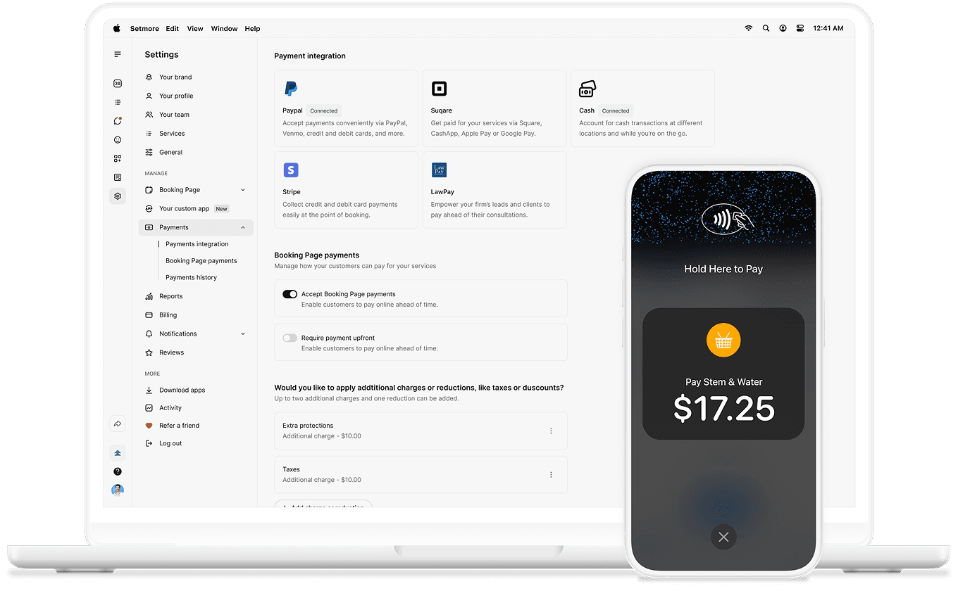 setmore payments on desktop and mobile