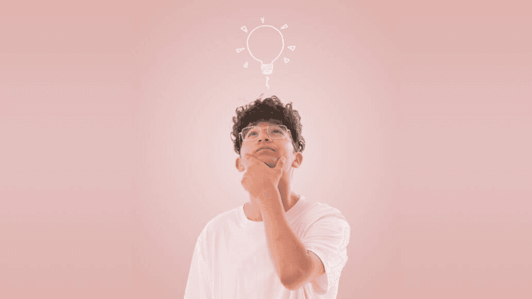man thinking, pink background