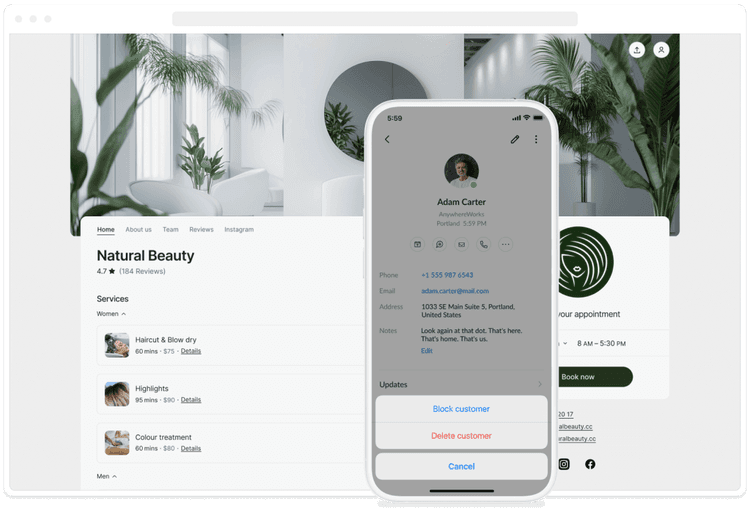 booking page preview with block customer modal