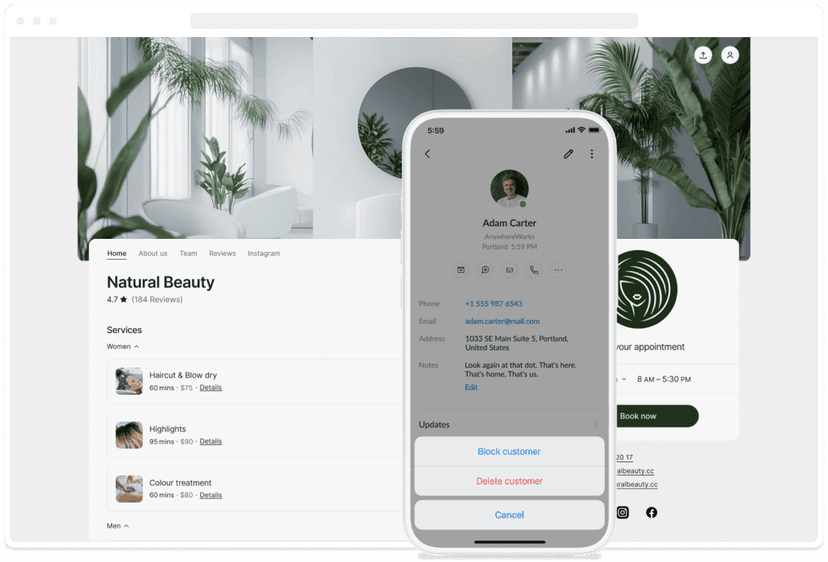 booking page preview with block customer modal