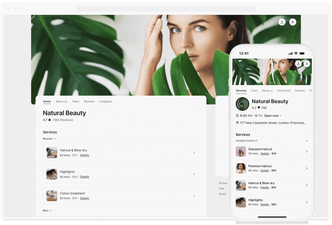 booking page preview with services list