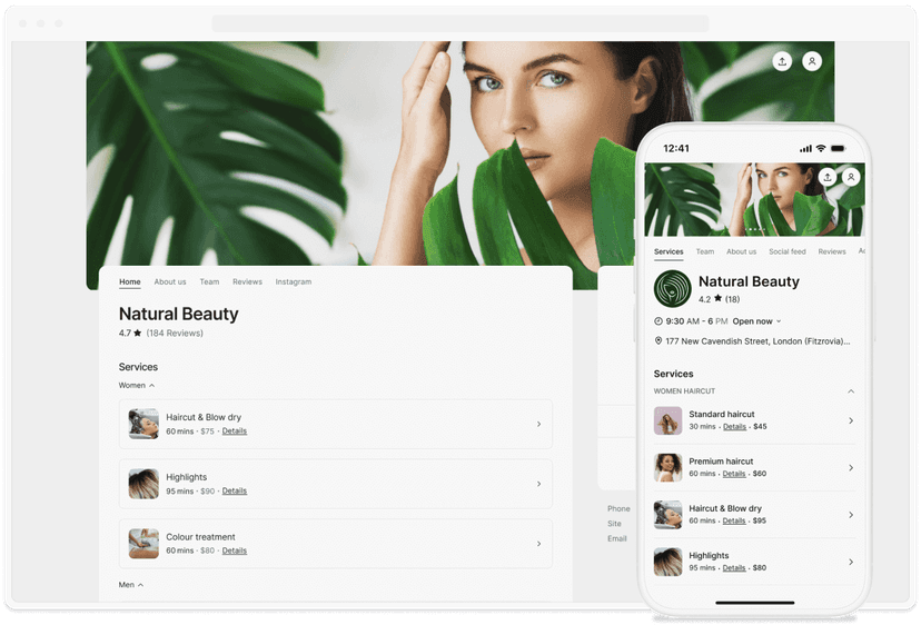 booking page preview with services list