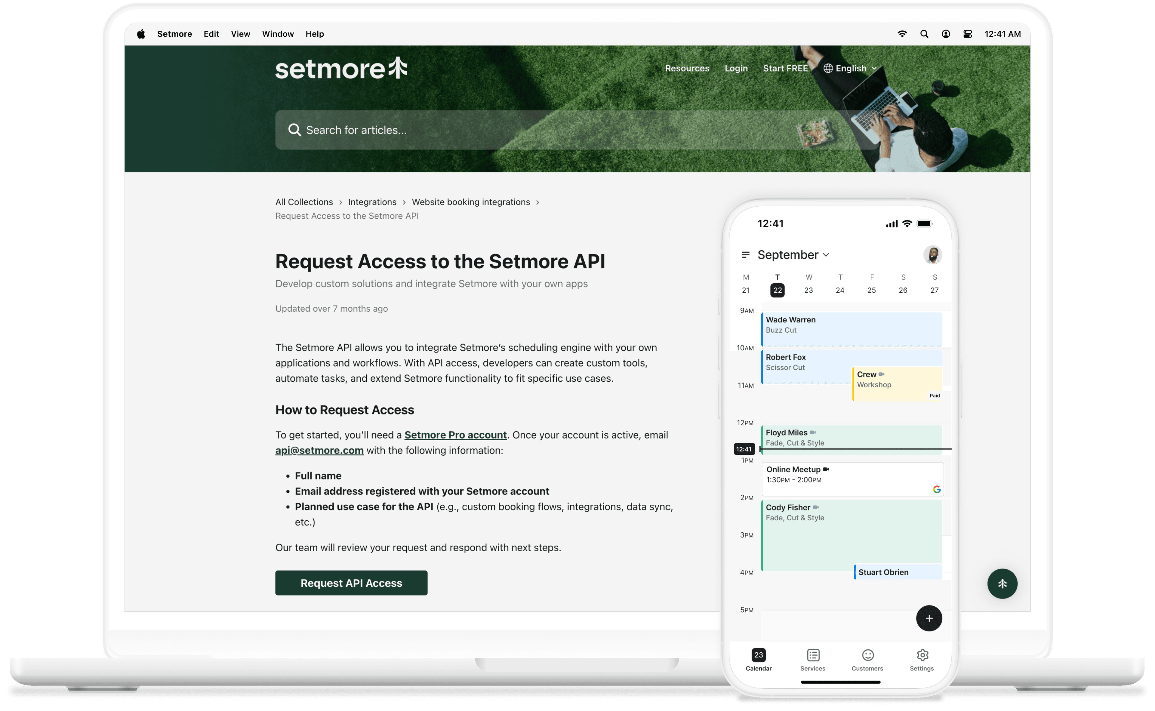 setmore api doc and mobile calendar mockup