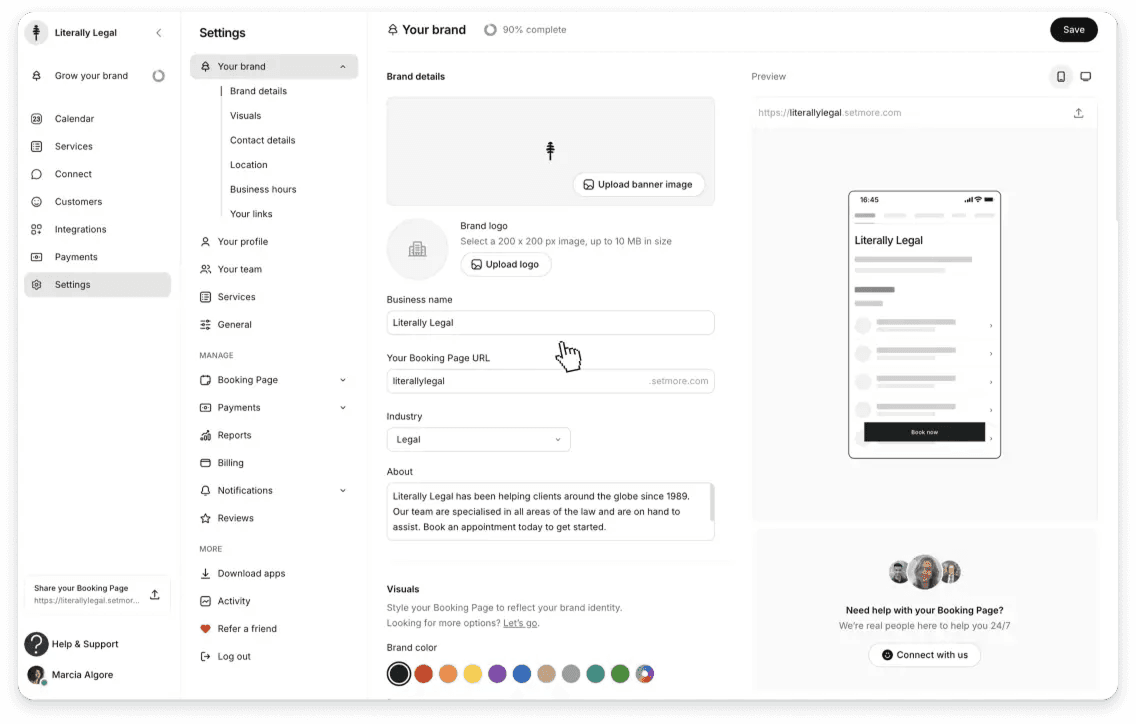 customize booking page settings screen
