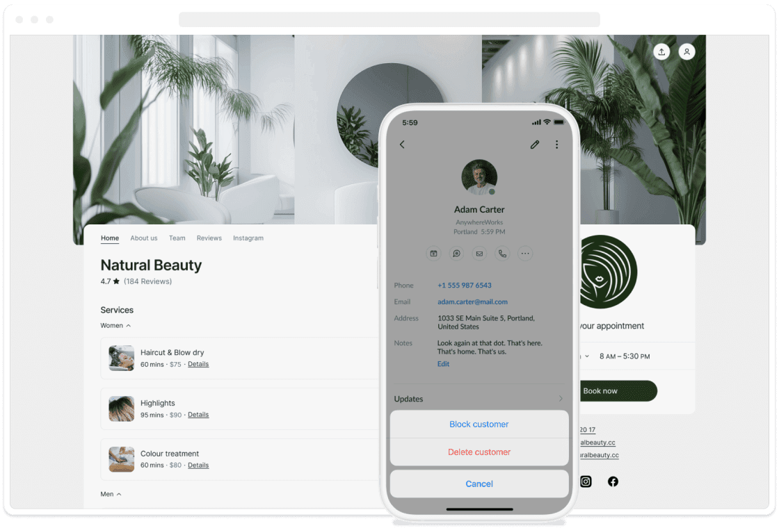 booking page preview with block customer modal