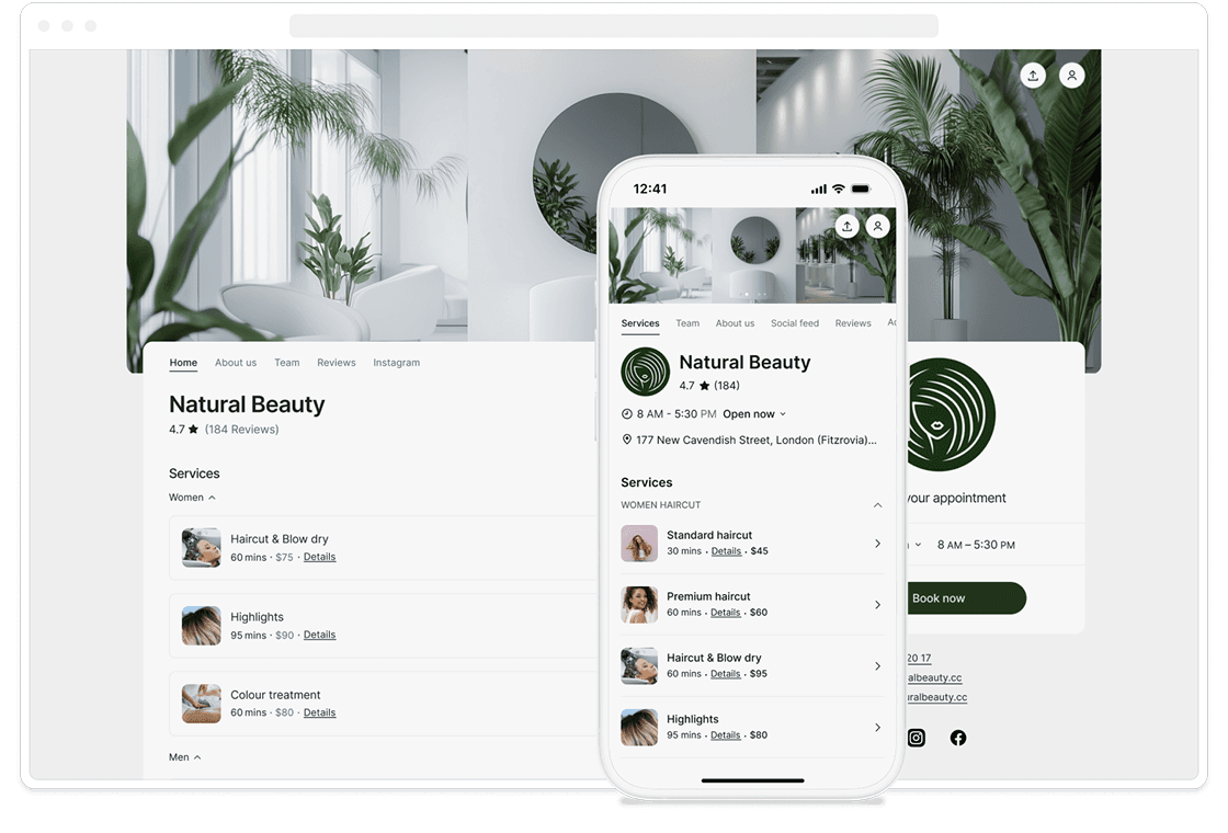 booking page preview with services list