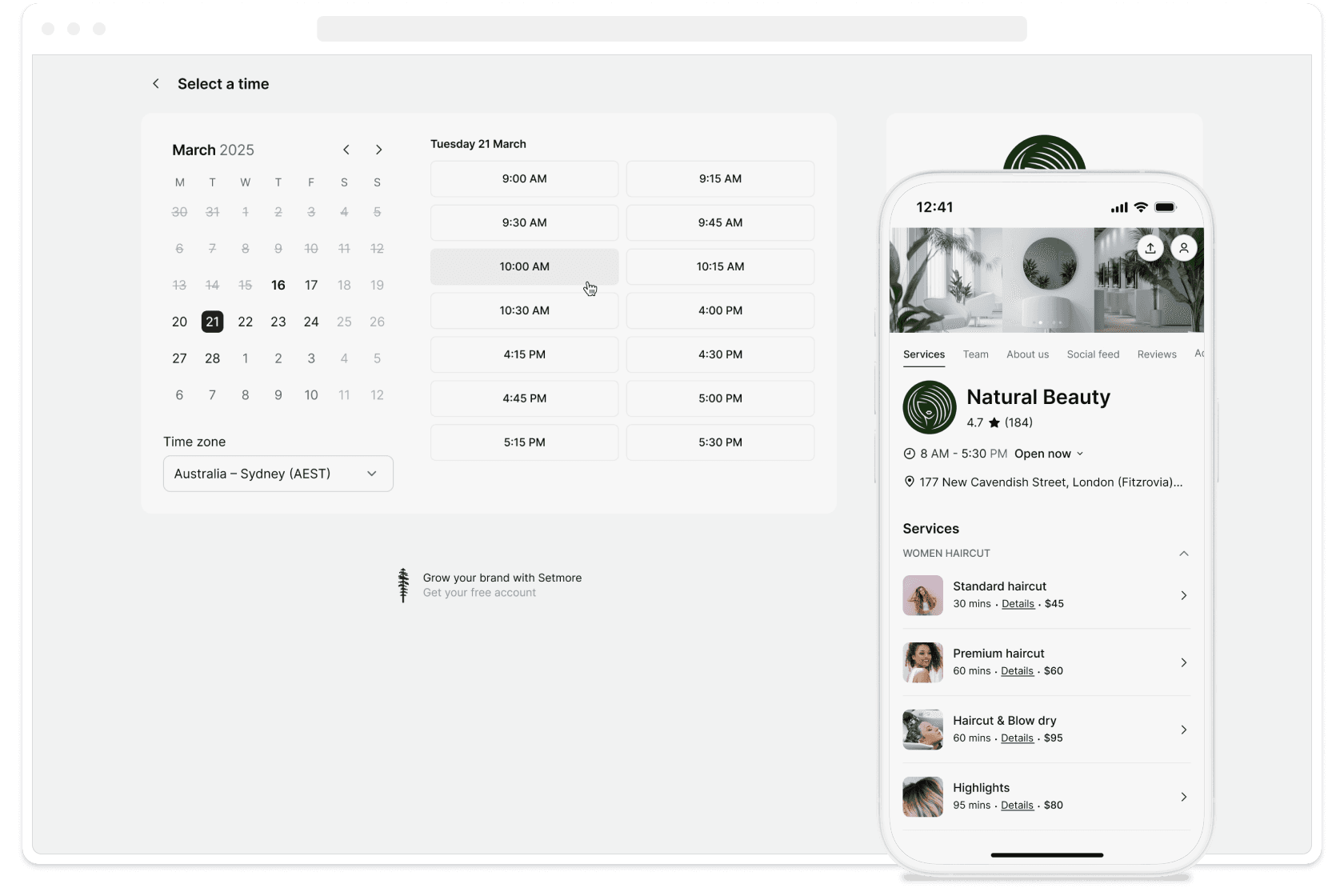 booking page preview with services list
