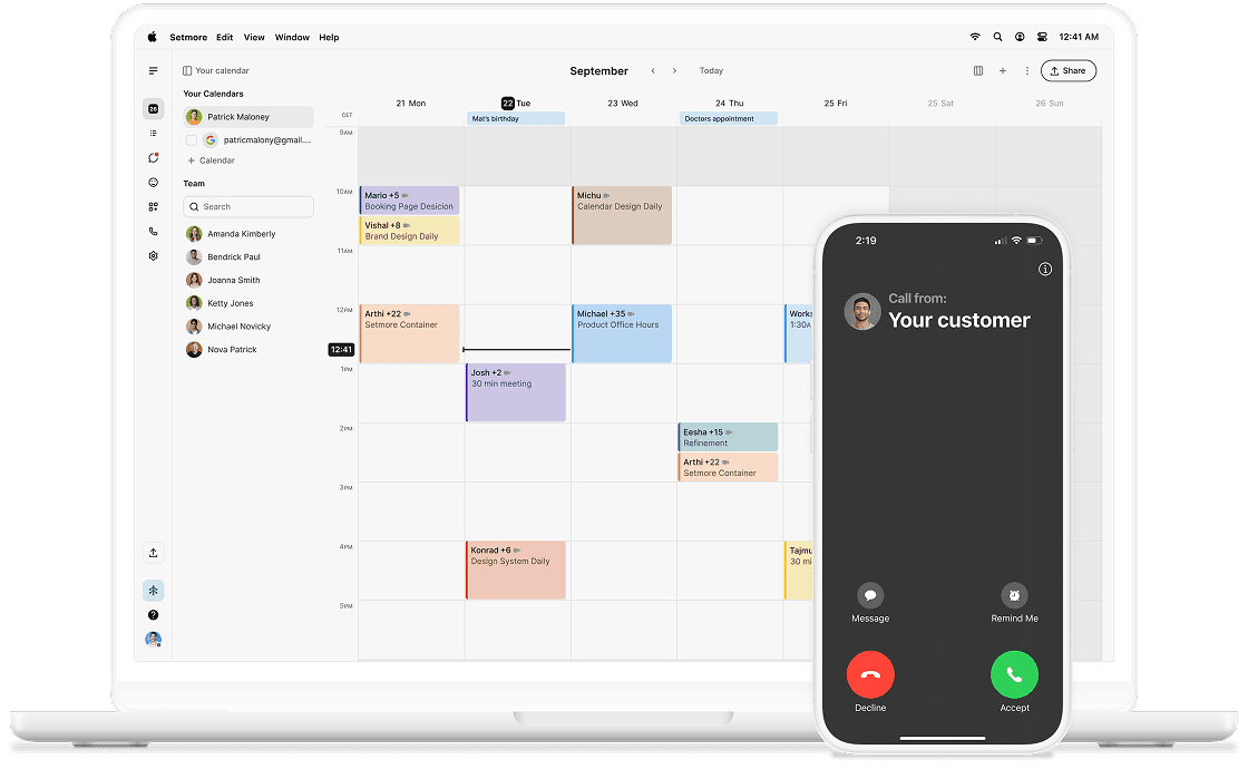 setmore calendar on desktop and mobile call